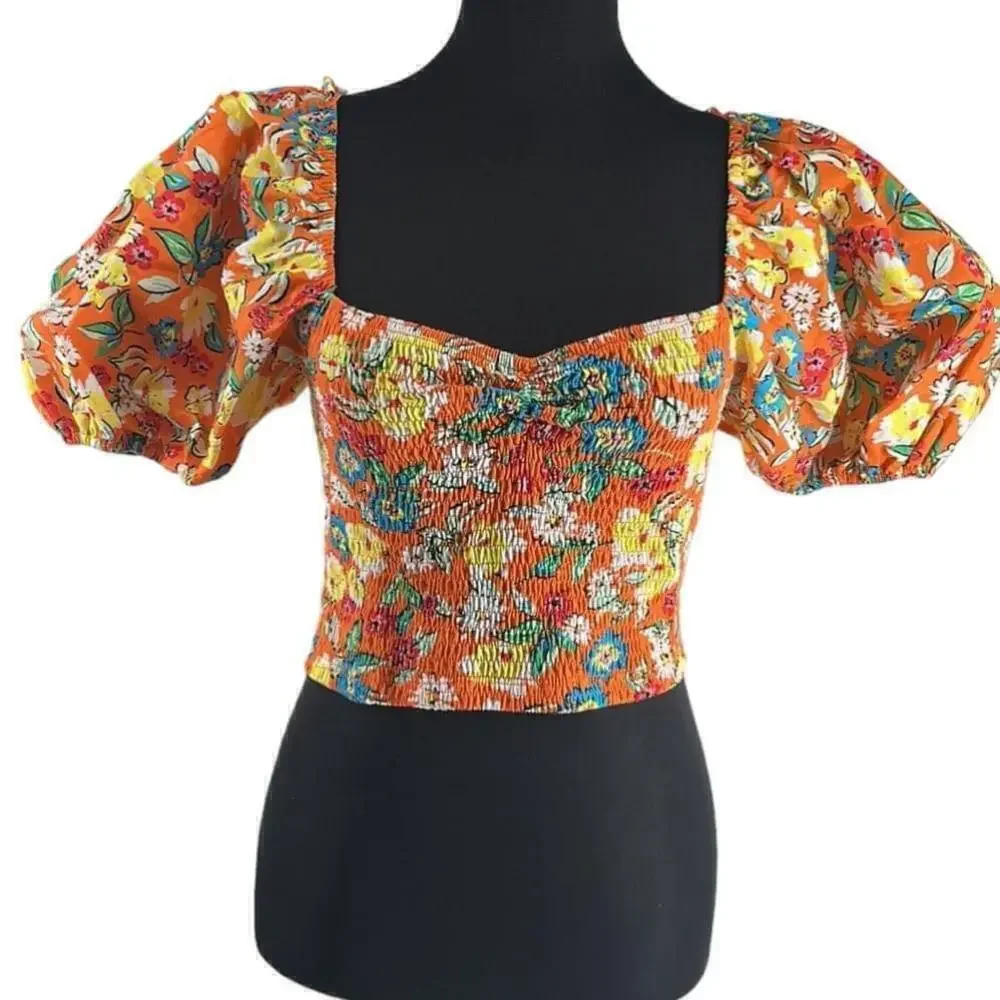 Zara Womens Balloon Sleeve Crop Top Flounce shirt l Orange Floral sz lg NWT - Picture 6 of 10